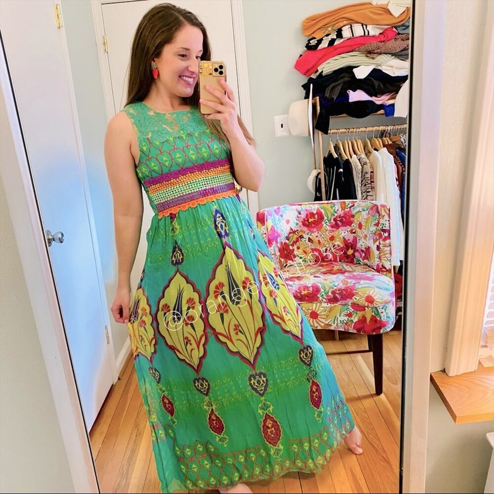Hemant & Nandita Green Yellow Floral Crochet Silk Maxi Dress Boho 4 Summer